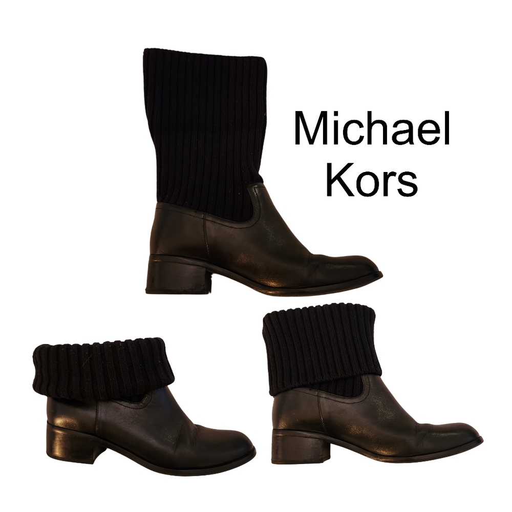 Michael Kors April Leather and Knit  Fold Over Black Boots Size 7.5